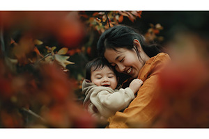 An Asian mother embraces her smiling, a Person Photo by Sergey Kotenev