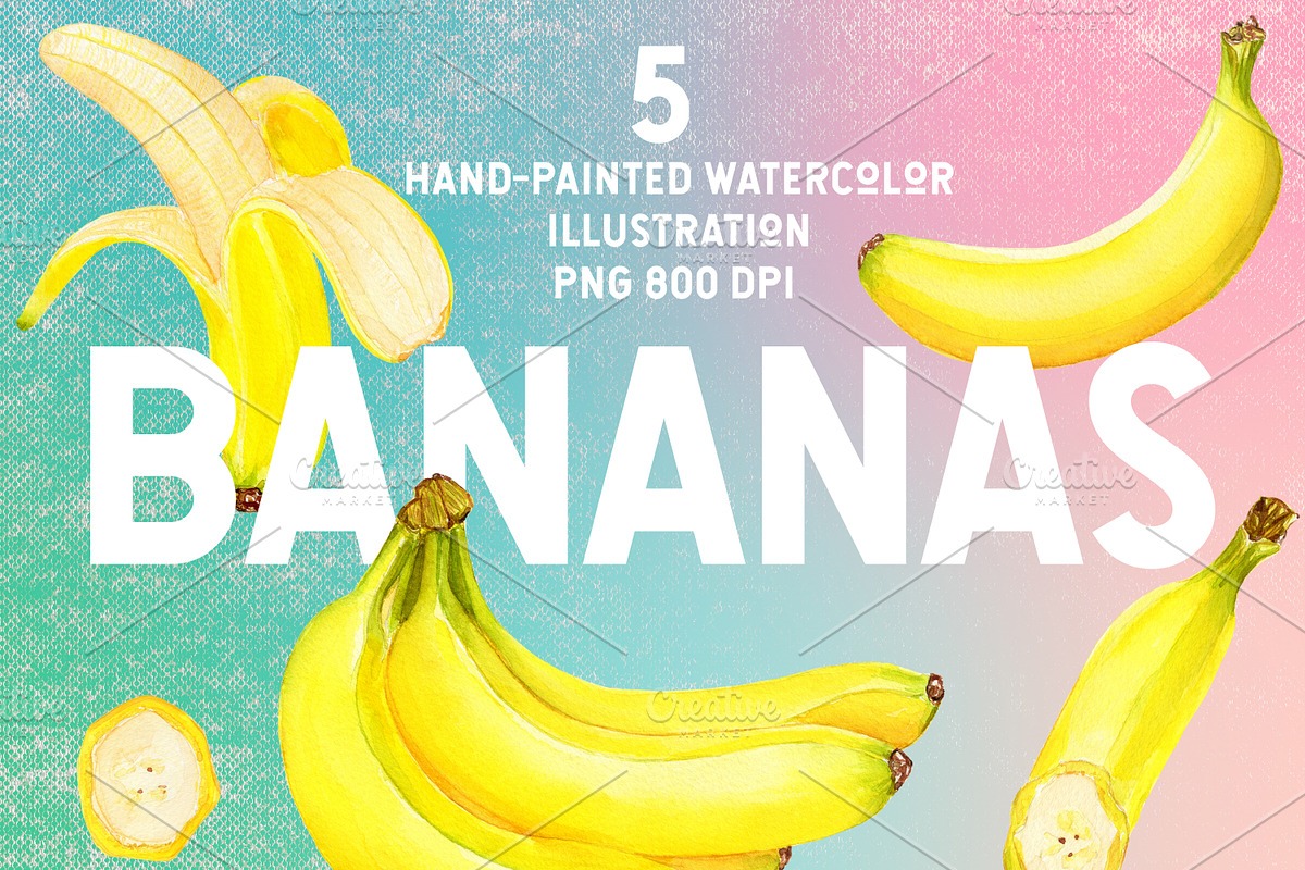 Watercolor Bananas Illustration Set, a Food Illustration by Olexandra Mur (Photo 1 of 9)