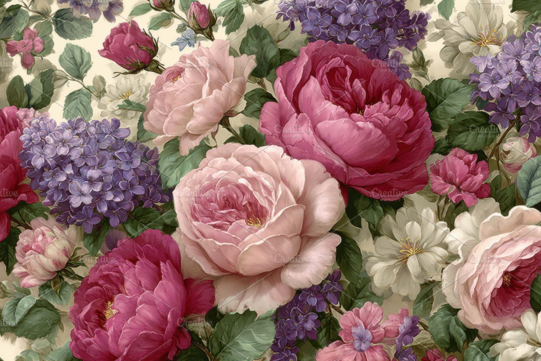 Lush Pink Roses and Purple Lilacs Ro, a Photo by Pixeness Studio