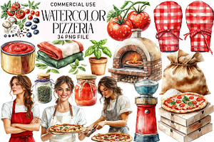 Watercolor Pizzeria Clipart, an Illustration by Daily.Designs