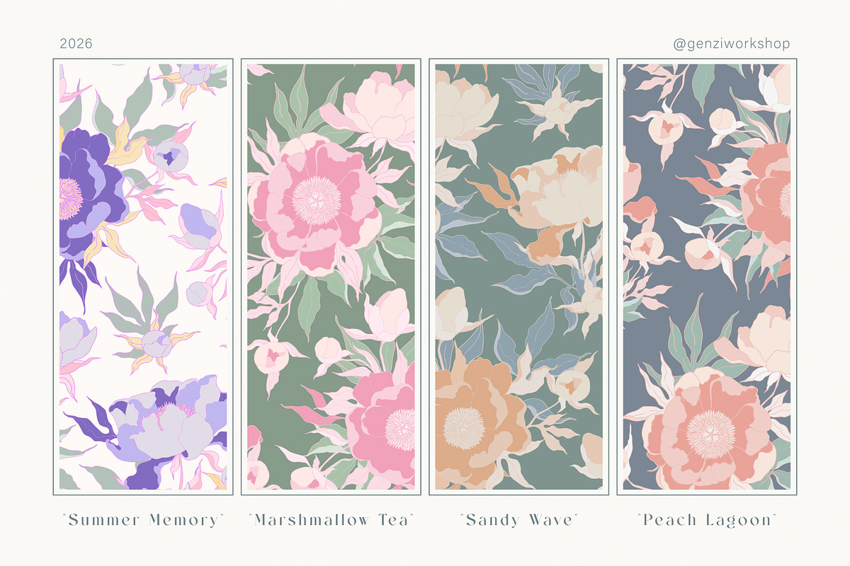 Seamless pattern set with peonies., a Decorative Illustration by GenziWorkshop (Photo 2 of 12)