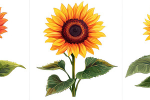 Three colorful sunflowers with detailed petals and green leaves, a Nature Photo by José Manuel Gelpi