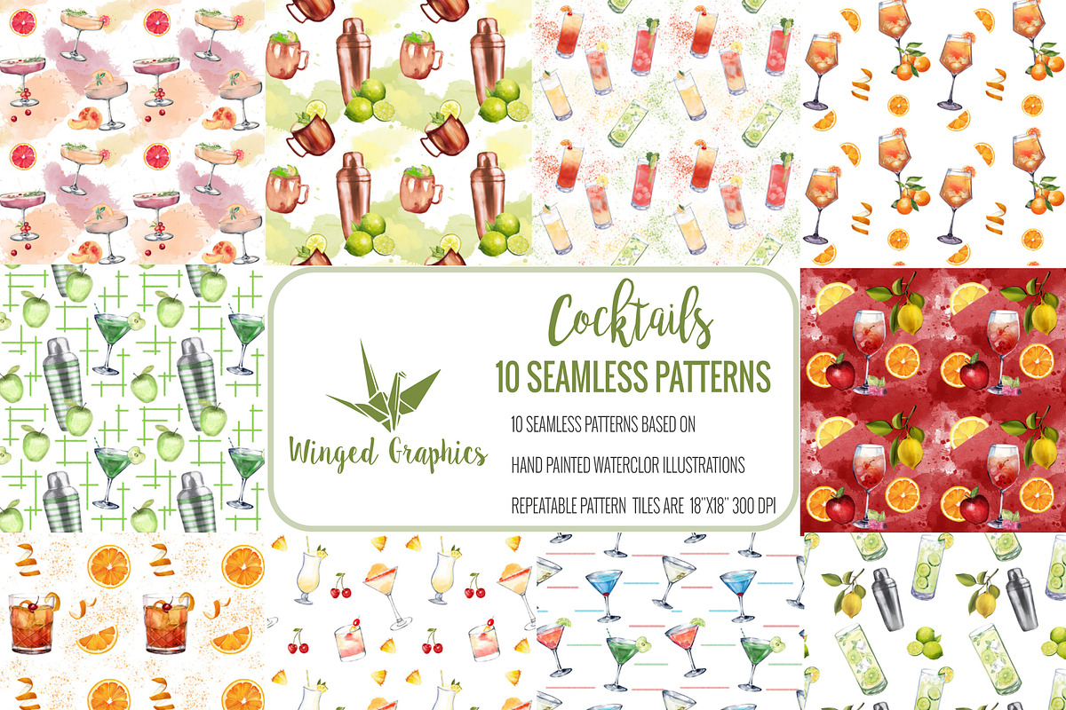 Cocktail 10 seamless patterns, a Graphic by Winged Graphics (Photo 2 of 4)