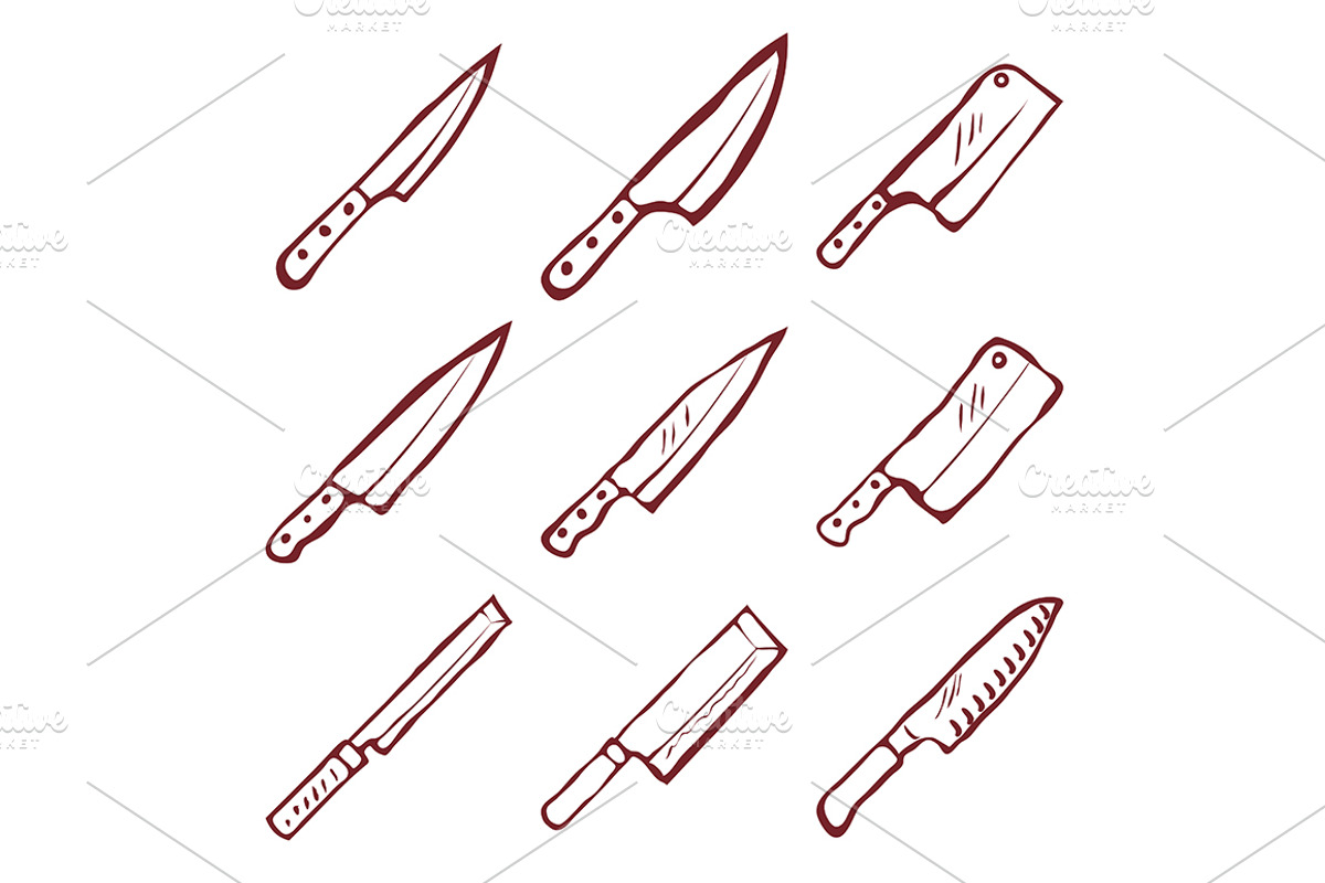 Set of nine kitchen knives vector, an Icon by idimair