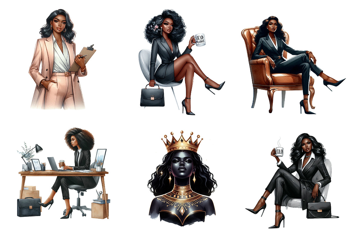 Watercolor Black Boss Lady Clipart, an Illustration by CreationArt (Photo 2 of 5)