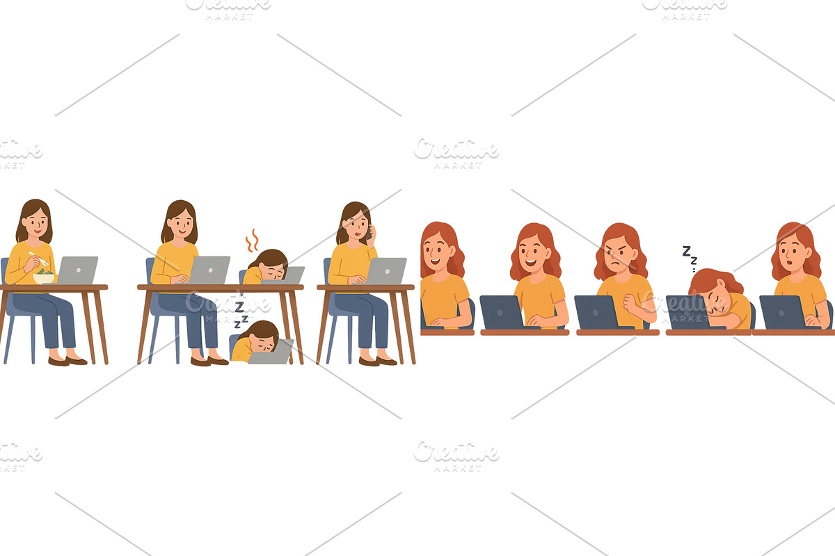 Multitasking office worker faces, a Technology Illustration by ZinetroN