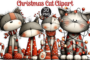 Christmas Cat Clipart, an Illustration by Black Bird Studio
