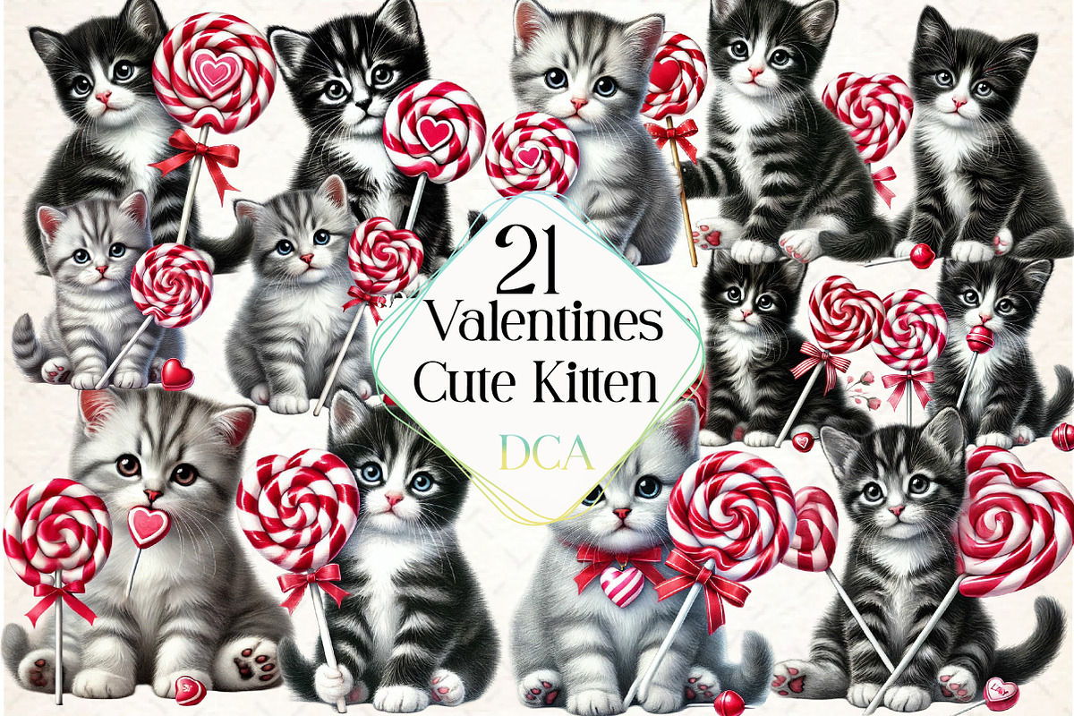 Cute Kitten Valentine's Day Clipart, an Illustration by DreamCafeArt (Photo 1 of 4)
