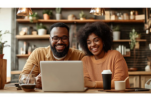 A happy African American couple at a, a Technology Photo by Sergey Kotenev