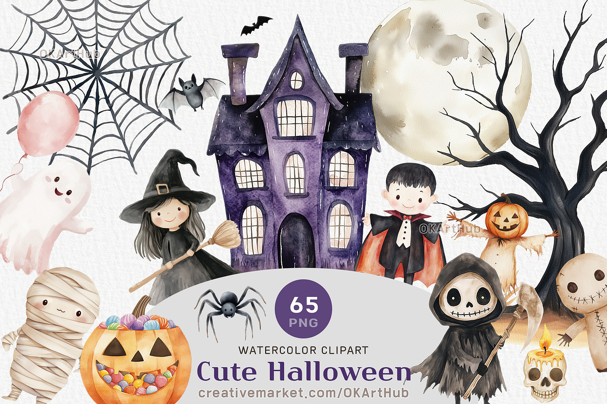 Watercolor Halloween Clipart Bundle, a Seasonal Illustration by OKArtHub (Photo 1 of 6)