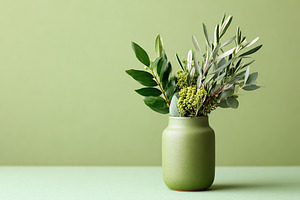 Small arrangement of fresh green plants in a simple vase on a soft green backgr, a Photo by AlyaAnd