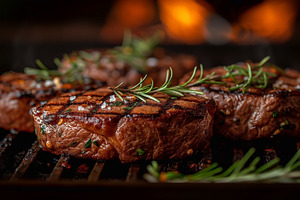 Grilled beef steaks perfectly seared with fresh rosemary for fla, a Food & Drink Photo by ImageMir