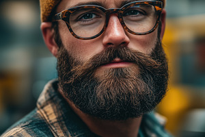 A close-up industrial designer portrait of a man with a thick beard, wearing gl, a Person Photo by Textures & Backgrounds