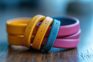 Colorful leather bracelets stacked o, a Photo by Tanuart