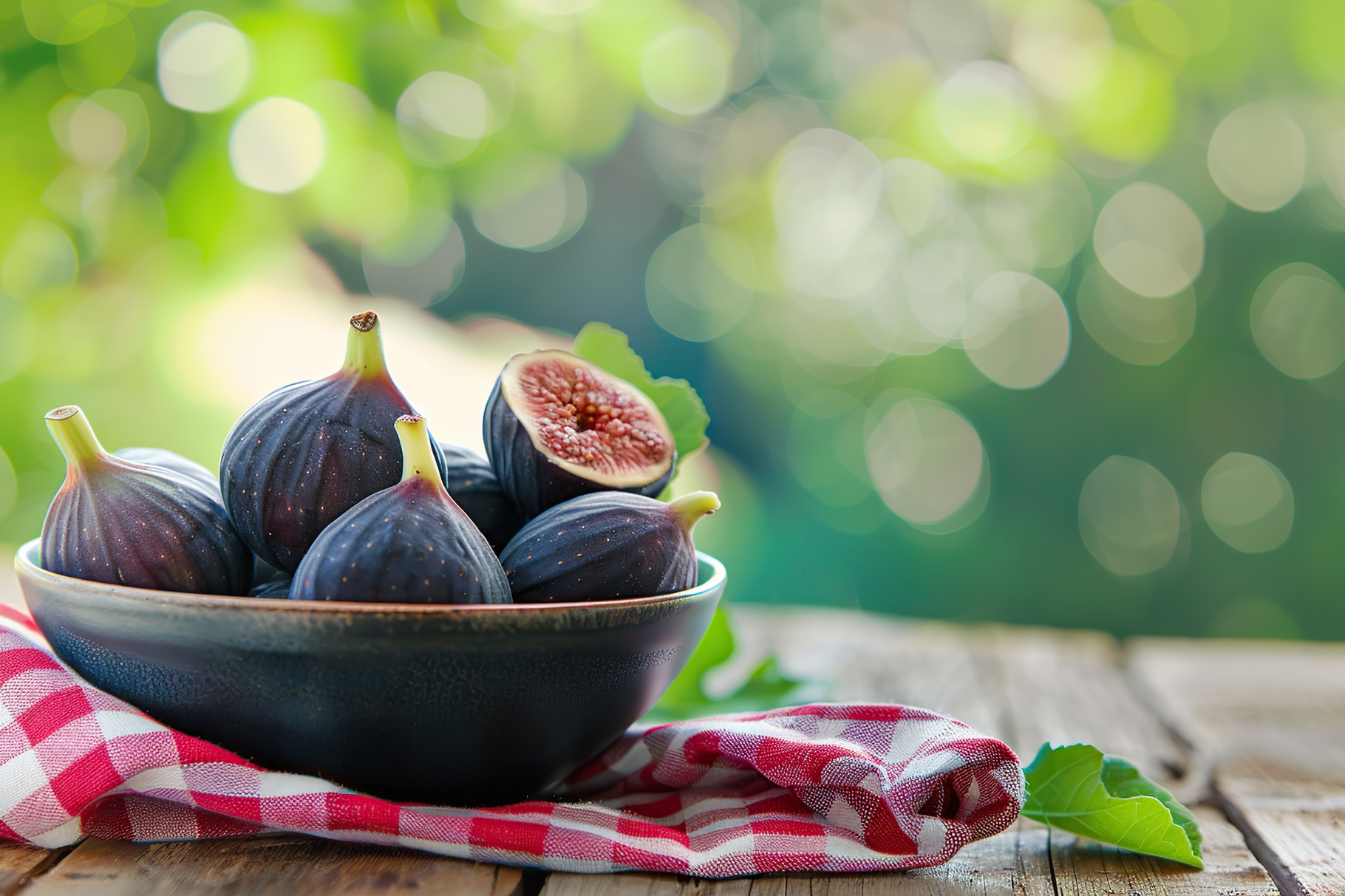 Fresh figs in plate on wooden table on blurred green background, a Food ...