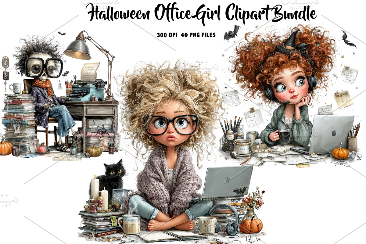 Halloween Office Girl Clipart Bundle, a Seasonal Illustration by CreationArt (Photo 1 of 7)
