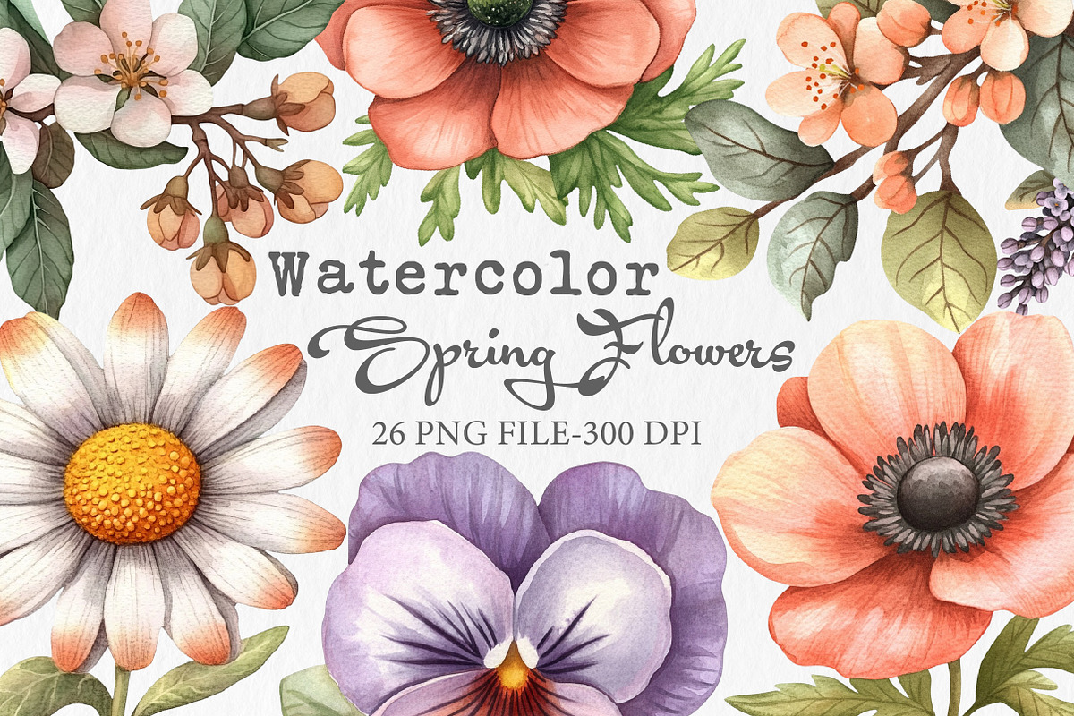 Spring Flowers Watercolor Clipart, an Illustration by Libby Wishes (Photo 1 of 7)