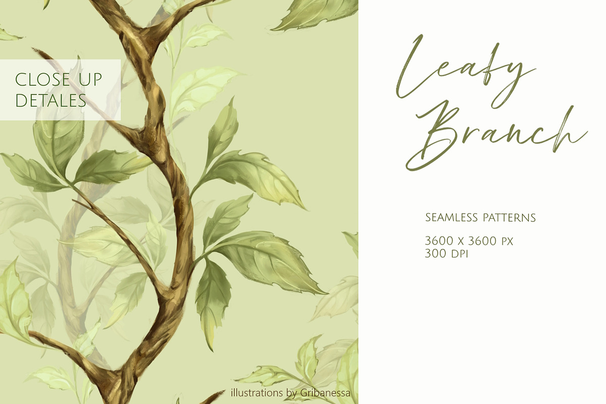 Green leafy seamless patterns, a Decorative Illustration by Gribanessa (Photo 5 of 5)