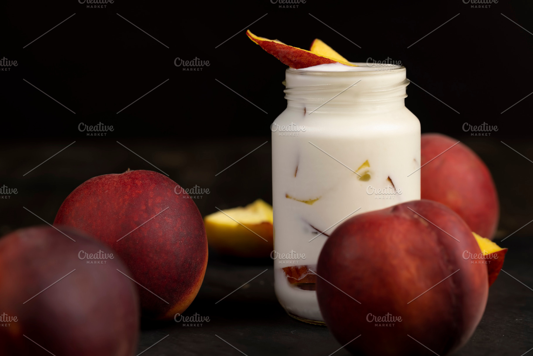 milk product with peach flavor and pieces of peach, closeup, a Photo by rsoollAI