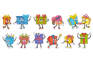 Groovy gift box characters. Retro, an Object Illustration by Stock-Smart-Start