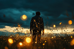 A person standing in a field at dusk, surrounded by glowing lights resembling f, a Photo by Textures & Backgrounds