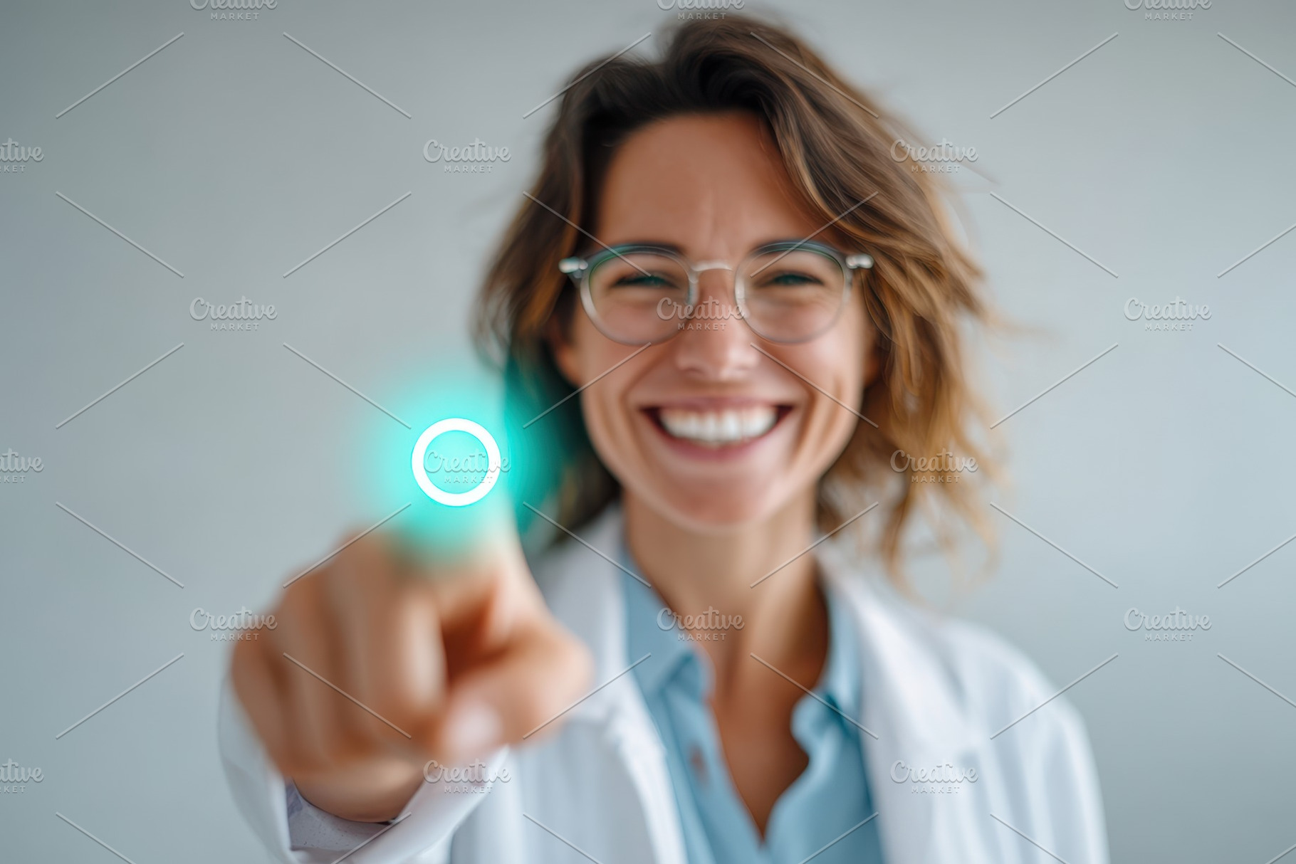 Smiling healthcare professional pointing with glowing effect, a Person Photo by AlyaAnd