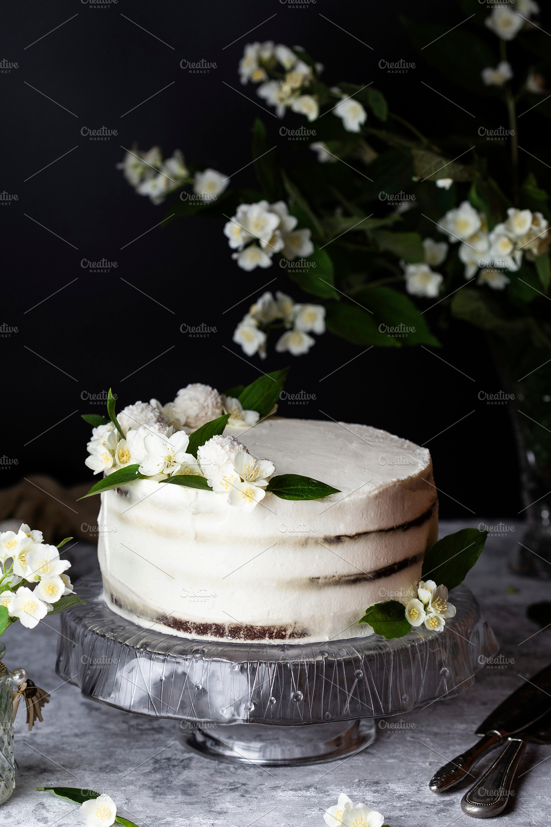 Homemade cherry flour cake stock photo containing almond and background, a Food & Drink Photo by Marina_Pronina