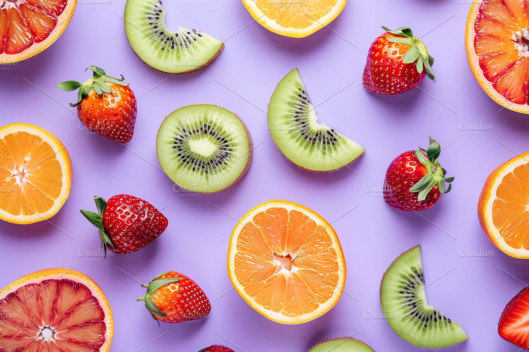 Pattern of different fresh sliced fruits on purple background, a Food & Drink Photo by AlyaAnd