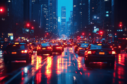 Busy city street with cars and glowi, a Photo by Tanuart