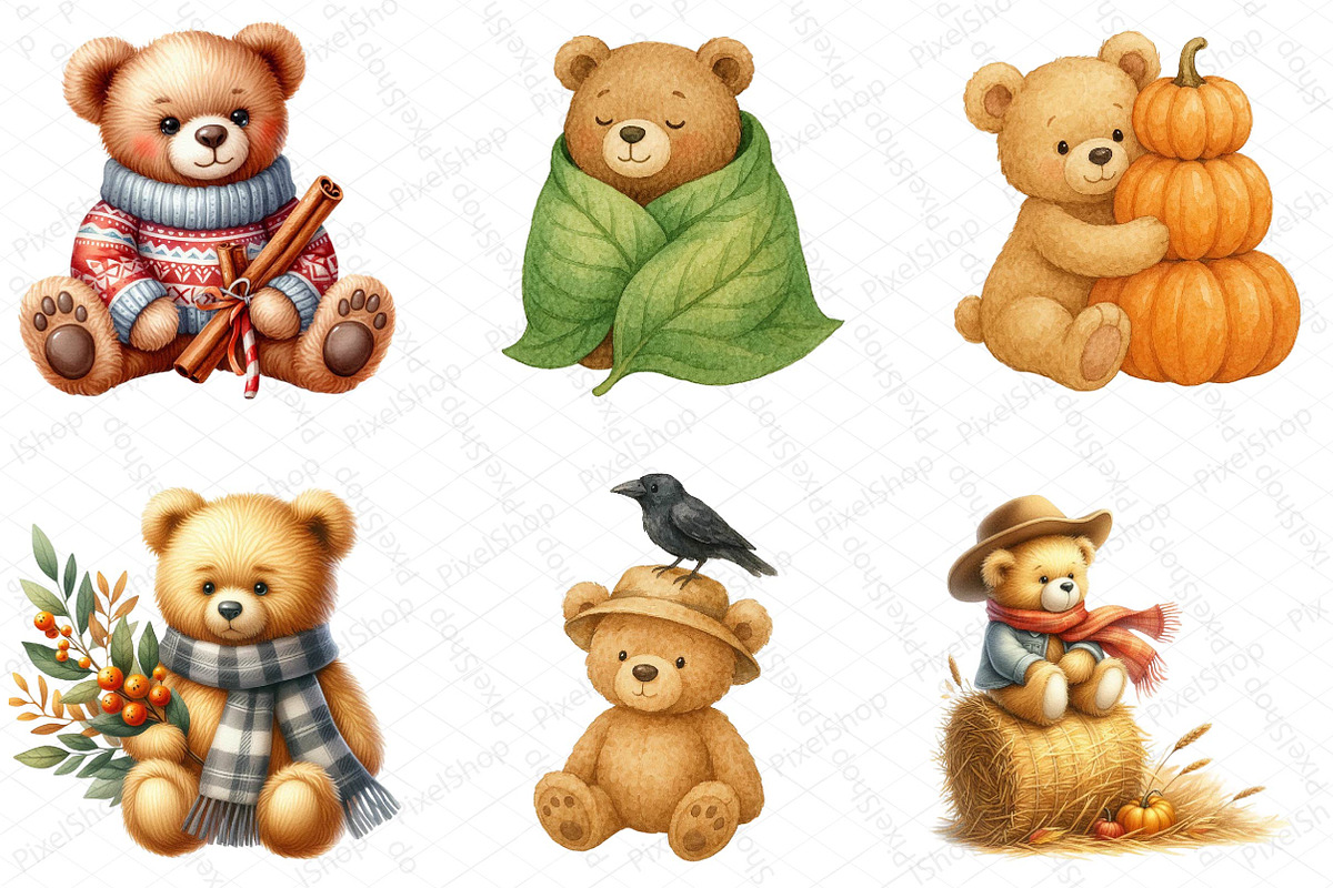 Watercolor Autumn Teddy Bear Clipart, an Illustration by DreamPrint404 (Photo 5 of 6)