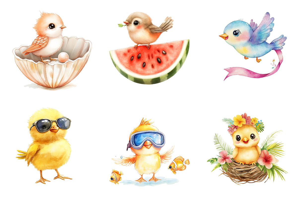 Summer Baby Birds Watercolor Clipart, an Animal Illustration by DreamArtGraphic (Photo 4 of 4)