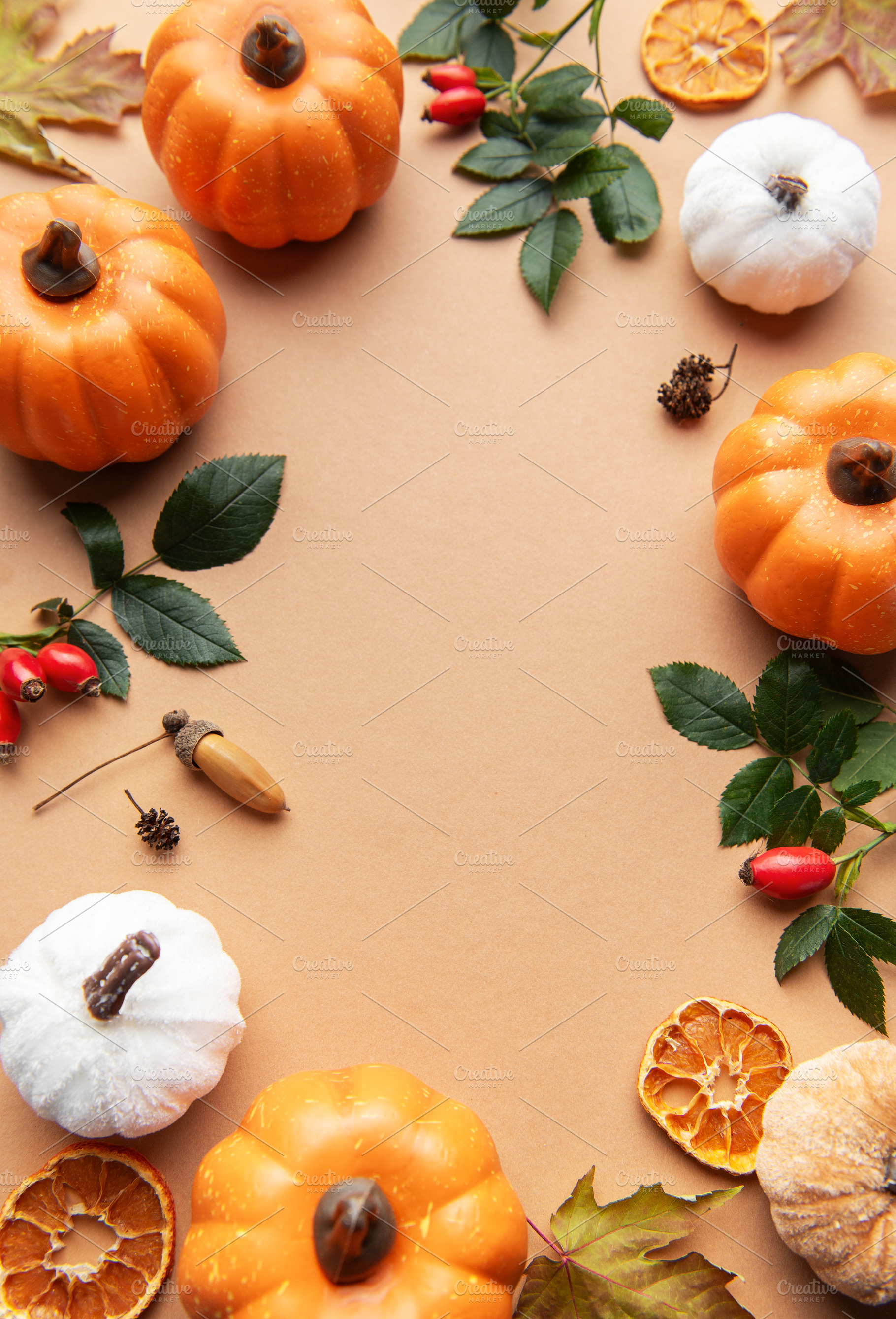 Autumn harvest festival flat lay with pumpkins and leaves, a Holiday Photo by Olena Rudo