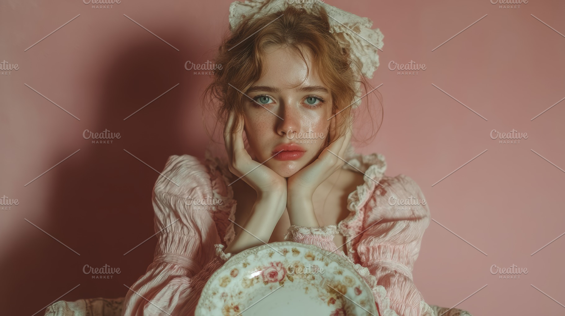 Portrait of a thoughtful woman in vintage attire against a pink background, a Photo by AS photostudio