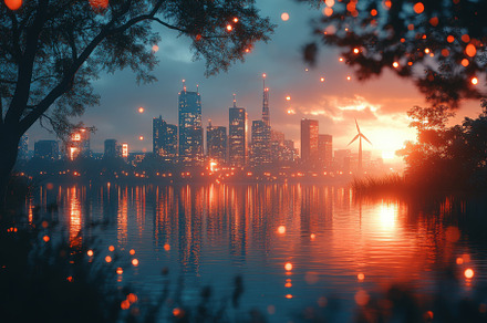 Vibrant sunset over city skyline ref, a Photo by Tanuart