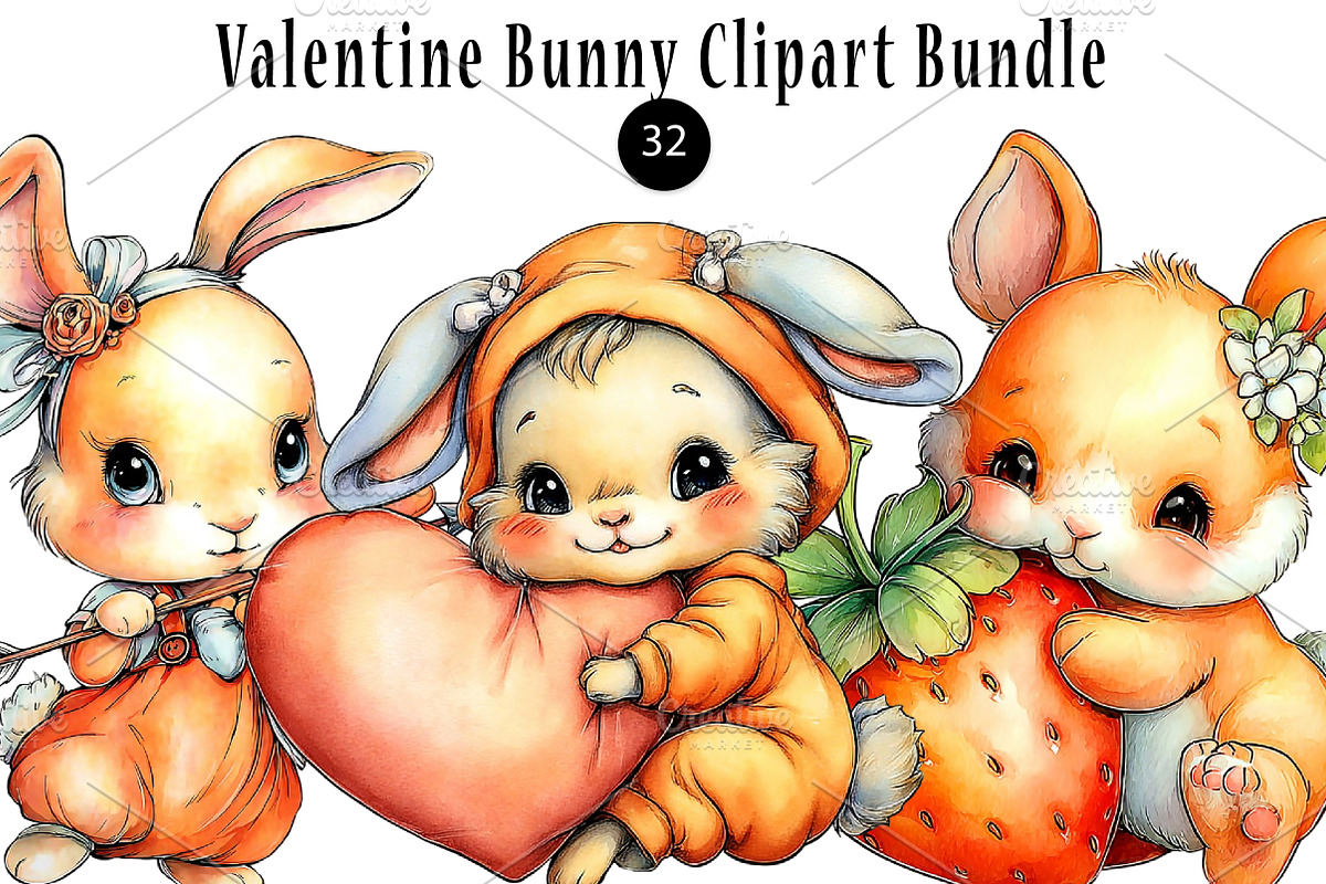 Valentine Bunny Clipart Bundle, a Seasonal Illustration by CreationArt (Photo 1 of 5)