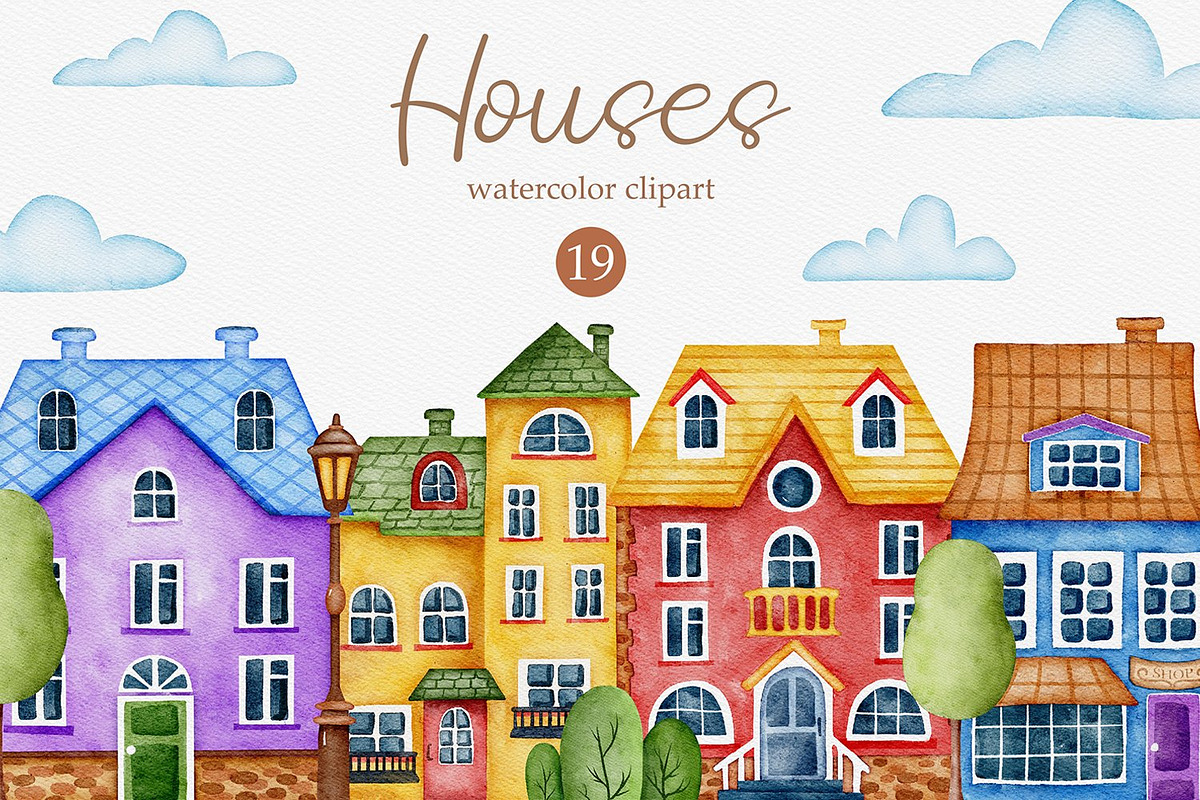 Watercolor Cute Houses Clipart, an Illustration by LuiDesignStudio (Photo 1 of 5)
