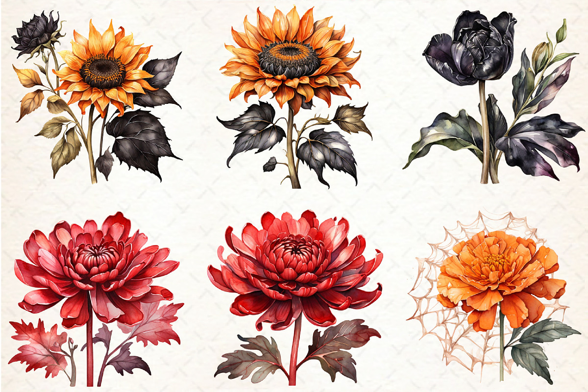 Watercolor Halloween Flowers Clipart, an Illustration by Libby Wishes (Photo 3 of 3)