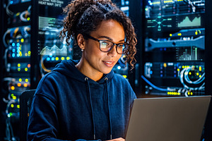 Young mixed race female (mulatto) IT specialist working on lapto, a Technology Photo by Volff