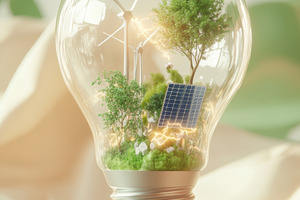 Eco concept for earth day with lightbulb, wind turbines and sola, a Photo by Dvoevnore photos