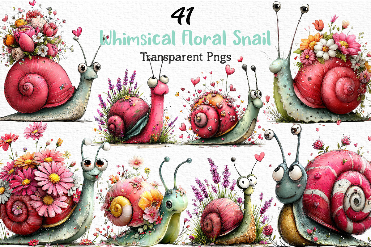Whimsical Floral Snail Clipart, an Illustration by Craft Nest (Photo 1 of 12)