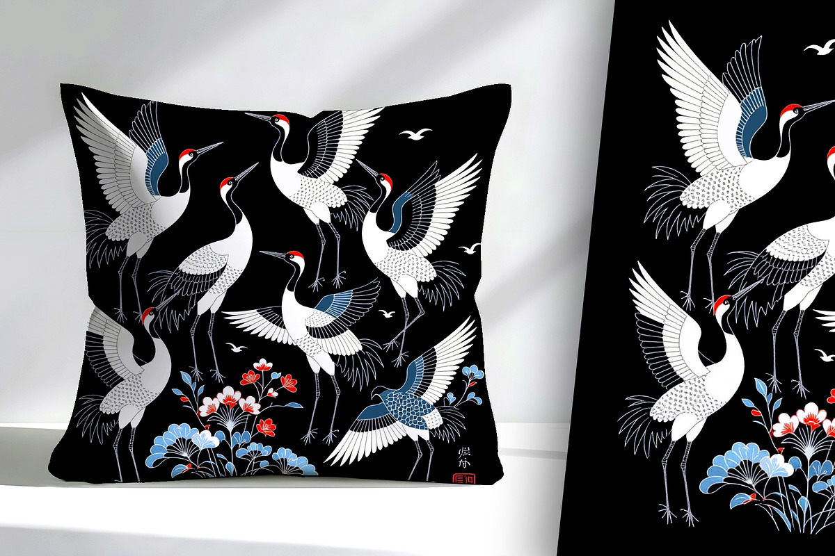 Oriental Cranes with Blue Flowers, an Animal Illustration by Sharon Schwalbe (Photo 4 of 4)