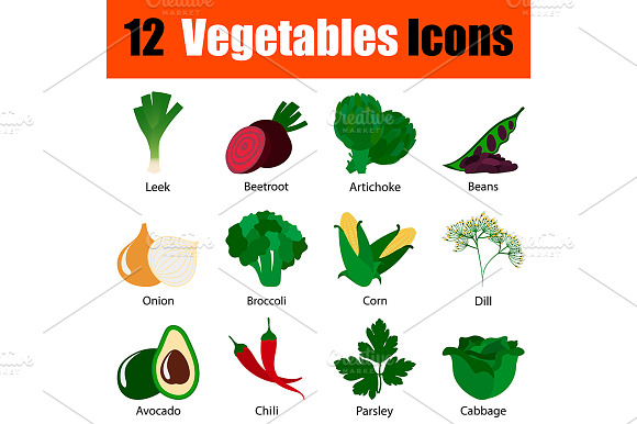 12 Vegetables Flat Design Icons