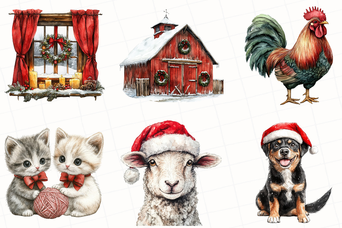 Christmas Farm Watercolor Clipart, an Illustration by OK Design (Photo 5 of 5)