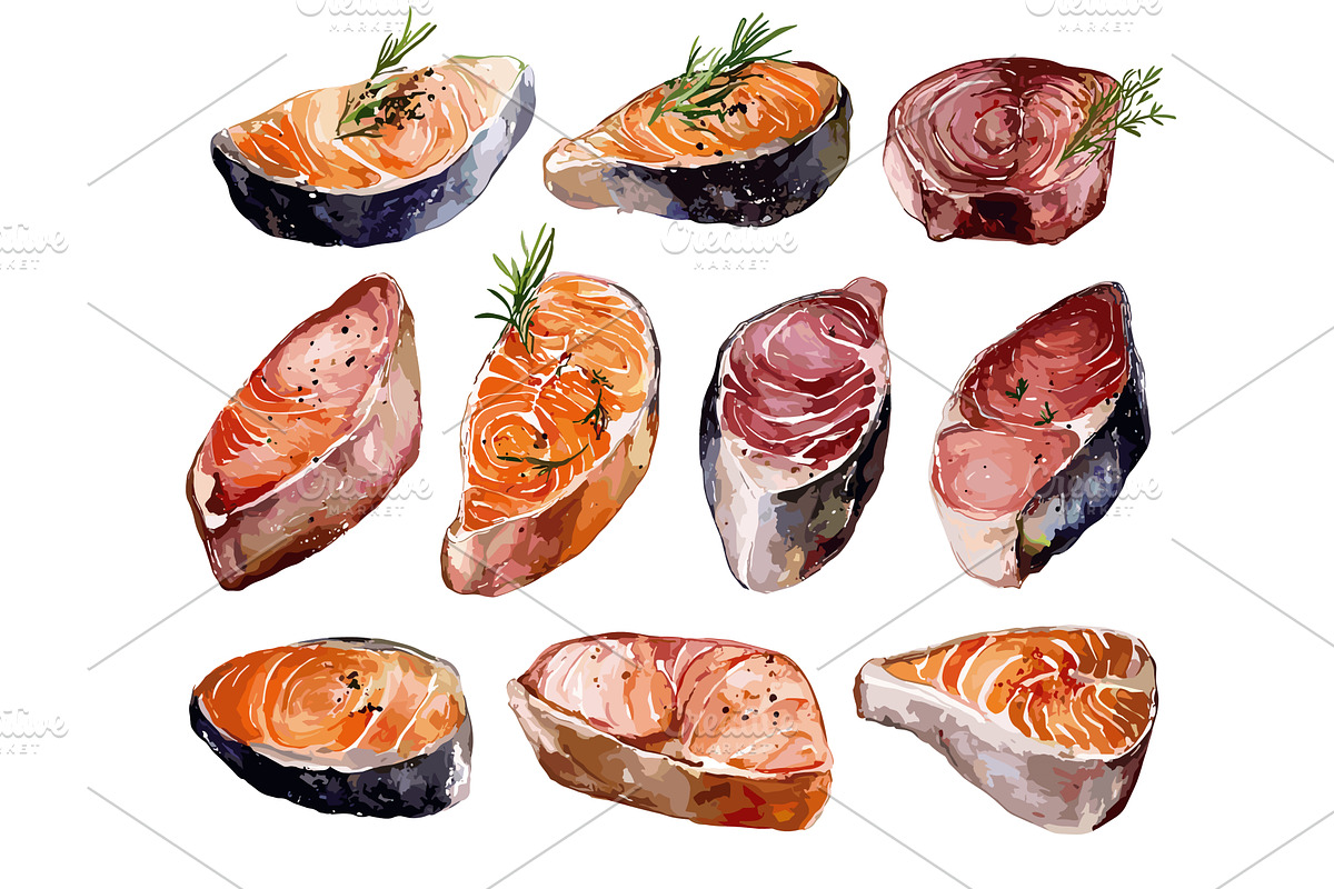 Fish Steaks Watercolor Set Modern, a Food Illustration by LadadikArt