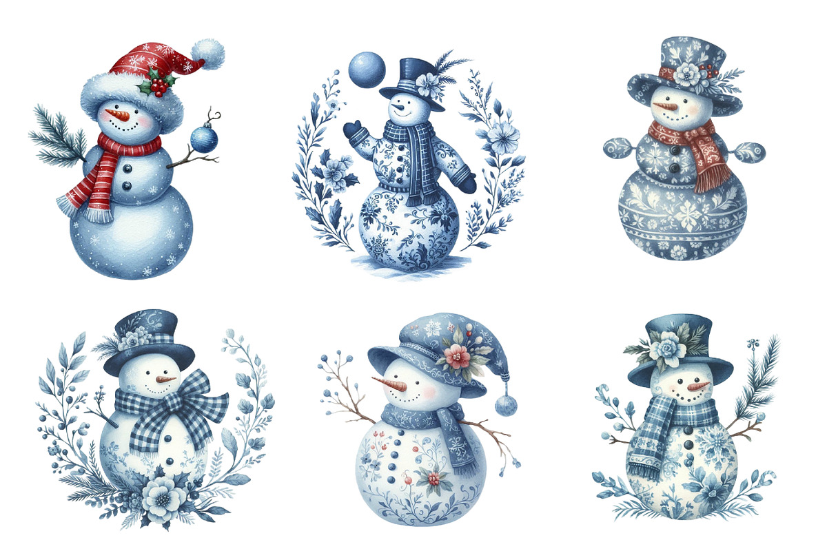 Christmas Blue Toile Snowman Clipart, an Illustration by CreationArt (Photo 2 of 6)