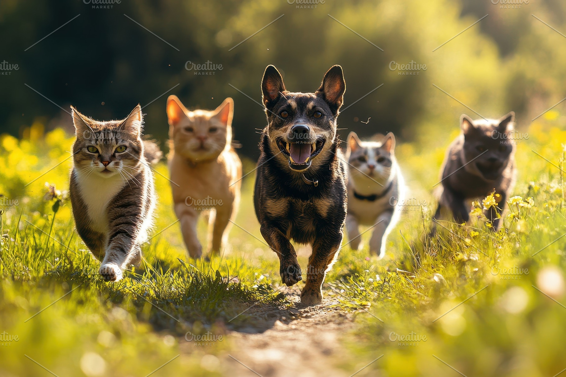 Dogs and cats play in valley, a Photo by Pavel_design