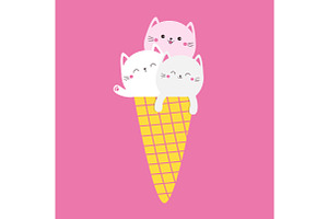 Ice Cream With Cat Set. Vector