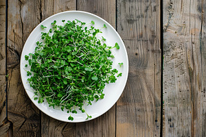 Microgreen broccoli in plate on wooden background, a Food & Drink Photo by AlyaAnd