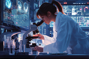 Female Scientist Microscope Lab Rese, a Health & Medical Photo by Pixeness Studio
