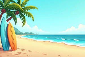 Island Beach With Surfboards Leaning, a Photo by LOGOCREATIVE